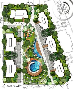 an aerial view of a garden with a pool in the center and lots of trees around it