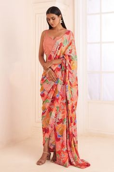 Blush pink abstract floral print pre draped saree. Paired with an embroidered padded blouse featuring beaded tassels. - Aza Fashions Drape Saree, Abstract Floral Print, Blouse For Women, Indian Fashion Designers, Satin Color, Pernia Pop Up Shop, Pink Abstract, Saree With Blouse, Printed Sarees