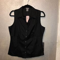 This Is Perfect For Summer. Ann Taylor Black Stripe Sleeveless Top. It Contrasting Material For Stripes And A Button Front Closure. It Has A Spare Button On Tag. It Is New With Tags And A Size 12p. Measurements Bust 38” Gothic Fitted Tops For Workwear, Gothic Black Sleeveless Vest, Black Sleeveless Tank Top With Button Closure, Fitted Black Tank Top For Formal Occasions, Sleeveless Tops With Button Closure For Night Out, Formal Black Sleeveless Tank Top, Formal Sleeveless Tops With Buttons, Fitted Button-up Tank Top With Button Closure, Fitted Black Vest With Buttons