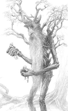 a pencil drawing of a tree with branches and leaves on it, holding an object in its hand