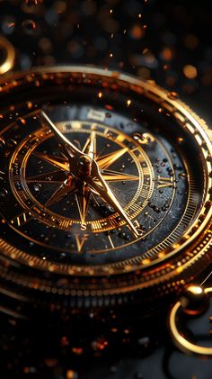 a close up of a gold colored compass on a black surface with drops of water around it