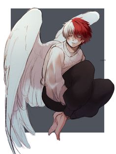 an anime character with red hair and angel wings