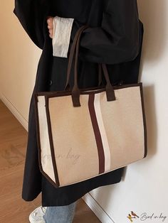 Bird in Bag - Colored Block Striped Canvas Shoulder Tote Bag with Large Capacity Zipper, Ideal for Daily Commute, Short/Long Trendy Brown Canvas Bag With Zipper Closure, Trendy Brown Canvas Bag With Zipper, Short Long, Shoulder Tote Bag, Bird In Bag, Shoulder Tote, Color Blocking, Color Block, Tote Bag