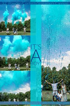 three photos of people throwing blue powder in the air and on top of each other