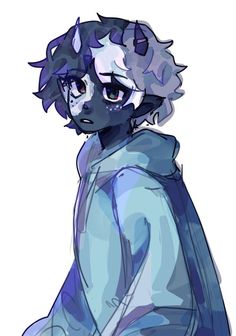 a drawing of a person with blue hair and an animal ears on their head, wearing a hoodie