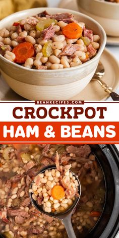 Turn leftover ham into a cozy meal with this Crockpot Ham and Beans recipe! Toss ham, white beans, a few stock veggies, and chicken broth into the crockpot for a flavorful, comforting soup. Perfect for easy soup ideas! Ham And Beans Recipe, Dinners Crockpot, Crockpot Ham And Beans, Bean And Ham Soup, Crock Pot Ham, Beans In Crockpot, Slow Cooker Beans, White Bean Recipes