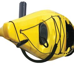 an inflatable life jacket is attached to the side of a yellow kayak