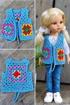 the doll is wearing a blue crocheted vest with flowers on it and has white shoes