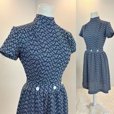 "1960s Dress / 60s Mod Dress / 1960s Mod dress / 60s dress This is a 1960s Mod style dress. It has a blue and cream print,a fitted waist with decorative buttons and a center back zipper. I love the hidden pleats in the front shoulders that give her an even more tailored look. Measurements provided are flat and have been doubled. Vintage size 12. Makers tag reads Kenny Classics Bust 36\" Waist 26\" Hips 50\"   Length 38\" Shoulder 15\" ❤️ Condition: Excellent vintage condition. This item has been Fitted Blue Dress With Retro Print, Chic Fitted Dress With Retro Print, Fitted Mod Dress With Vintage Print, Mod Fitted Dress With Vintage Print, Mid-century Fitted Dress With Vintage Print, Fitted Retro Print Dress For Vintage Occasions, Fitted Mid-century Dress With Retro Print, Mid-century Fitted Dress With Retro Print, Fitted Dress With Retro Print For Vintage Fashion