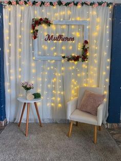 a chair sitting in front of a wall with lights on it and a sign that says millhones