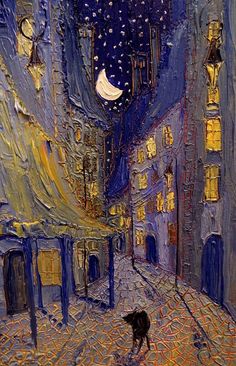 a painting of a dog walking down an alley way at night with the moon in the sky