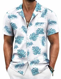 PRICES MAY VARY. LIGHTWEIGHT & COMFORTABLE FABRIC--- This hawaiian shirt for men is made of high quality soft & lightweight polyester fabric.Keeps you cool during hot summer days and gives you comfortable and nature skin feel. And the fabric is wrinkle free and will not need ironing so this is great to pack for your vacation. HAWAIIAN PRINTED STYLE---The button dwon shirt men features with a tropical floral printed design, short sleeve, button down closure, regualar fit, camp collar, patch pocke White Collared Camp Shirt For Beach Season, White Collared Hawaiian Shirt For Vacation, White Short Sleeve Beach Shirt With Camp Collar, White Tropical Shirt For Beach Season, White Tropical Beach Shirt, White Beach Short Sleeve Shirt With Camp Collar, White Hawaiian Shirt With Camp Collar For Vacation, White Short Sleeve Shirt For Beach Season, White Printed Camp Shirt For Beach Season