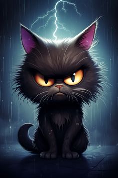 a black cat with glowing eyes sitting in the rain under a lightning - filled sky