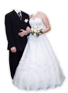 the bride and groom are posing for a wedding photo in front of a white background