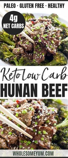 beef and broccoli stir fry with chopsticks in the foreground text reads, keto low carb human beef