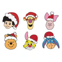 cartoon faces with santa hats on each one's head and other characters in the background