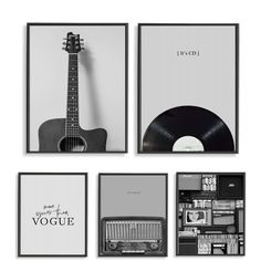 four black and white posters with an acoustic guitar, record player, and album cover