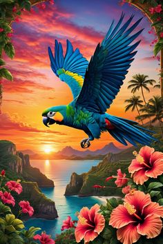 a painting of a parrot flying over the ocean with flowers and mountains in the background