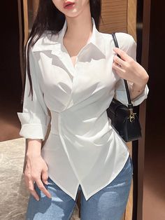 Women's Plain Color Long Sleeve Wrap Blouse, Spring Autumn White Casual  Long Sleeve Woven Fabric Colorblock,Plain Shirt Non-Stretch  Women Clothing, size features are:Bust: ,Length: ,Sleeve Length: Gym Outfits, Plain Shirt, Plain Color, Elegant Dresses Long, Plain Shirts, Women Shirt, Wrap Blouse, Kids Sleepwear, White Casual