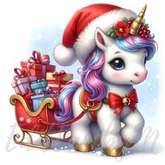 a cute little unicorn riding in a sleigh with presents on it's back