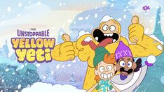 the cartoon characters are posing together in front of an icy background with snow falling on them