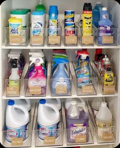 a refrigerator filled with lots of cleaning products