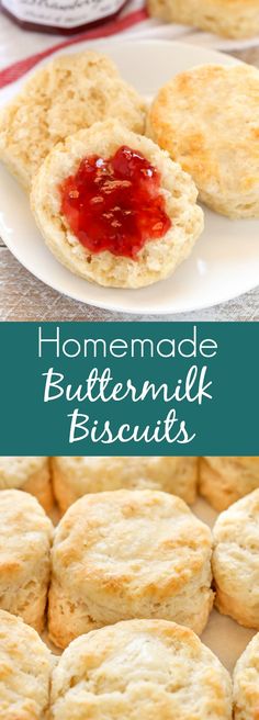 homemade buttermilk biscuits on a plate with jam in the middle and two images above