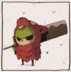 a cartoon character holding a large piece of wood in one hand and a knife in the other