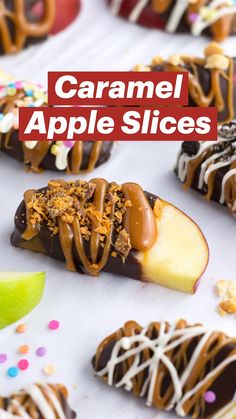 chocolate covered apple slices with sprinkles and candy