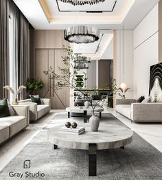 a living room with couches, tables and chandelier hanging from the ceiling