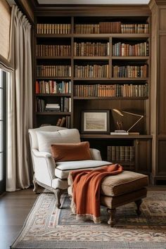 Mcm Library, Office With Bookshelf, Bookshelf Classic, Craftsman Library, Bookshelf Wealth, Dream Home Library, Reading Armchair, Online Interior Design Services