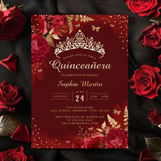 a red and gold quinceauera birthday party with roses on the side,