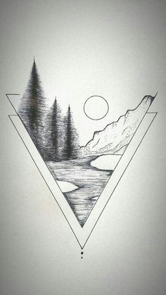 a drawing of mountains and trees in the middle of a triangle with a lake below