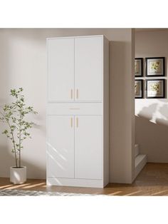 a tall white cabinet next to a potted plant in a room with beige walls