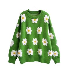 WindMind S / Green Autumn Winter Casual Little Daisy Embroidered Black White Contrast Color round Neck Long Sleeved Pullover Jersey Pattern, Loose Pullover Sweater, Jacquard Top, Embroidery Sweater, Embroidery Top, Floral Sweater, Winter Stil, Loose Pullover, Sweater Brands