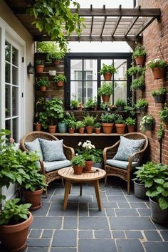 an outdoor patio with potted plants and chairs on the floor, surrounded by brick walls