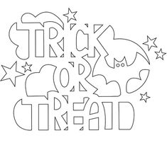 the words trick or treat are outlined in black and white, with stars around them