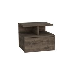 the side table is made from wood and has an open drawer on one end, which holds