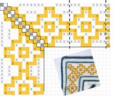 a cross stitch pattern with yellow and gray squares on the left side, and an image of