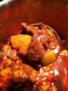 a spoon full of stew with meat and vegetables