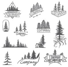 various logos and emblems for company with pine trees on white background - csp109