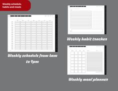 the weekly habit tracker is shown in three different sizes and font options for each month