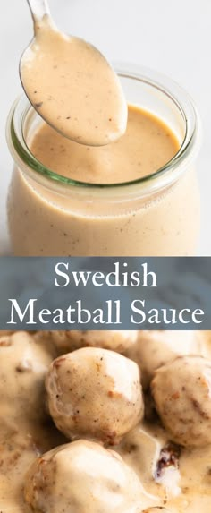 swedish meatball sauce in a glass jar with a spoon over it and on the side