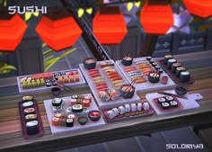 sushi is displayed on a table with chopsticks