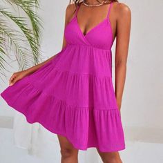 Shein Vcay Solid Crisscross Backless Layered Ruffle Hem Cami Dress Color Is Pink Perfect For Spring And Summer! Nwot - Excellant Condition With No Rips, Stains Or Holes! Shein Dress, Shein Dresses, Dresses Backless, Cami Dress, Ruffle Hem, Colorful Dresses, Womens Dresses, Pink, Women Shopping