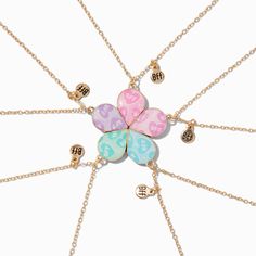 Celebrate friendship by sharing this flower pendant best friends necklace set. Each gold-tone chain necklace includes a petal of the flower plus a little "BFF" charm. Keep one necklace for yourself and share the other four with your besties so that you will always stay connected.Pack Size: 5Finish: Gold-toneLength: 16 + 3 in. extender / 40.64 + 7.62 cm. extender Closure: Lobster claspMaterial: Metal - Claire's Best Friends Glitter Flower Pendant Necklaces - 5 Pack 3 Bff Bracelets, Cute Nickel-free Charm Necklace For Friendship, Adjustable Charm Necklaces For Mother's Day And Friendship, Mother's Day Friendship Charm Necklace, Best Friend Gift Pendant Charm Necklace With Adjustable Chain, Cute Adjustable Charm Necklace For Friendship, Best Friend Gift Pendant Charm Necklace, Adjustable Cute Charm Necklaces For Friendship, Cute Adjustable Charm Necklaces For Friendship