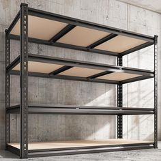 an empty shelving unit in a concrete room