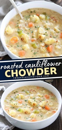 two bowls of roasted cauliflower chowder on a wooden table