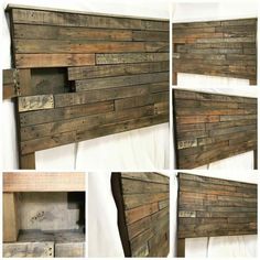 four different pictures of wood planks in various stages of being used to make a headboard