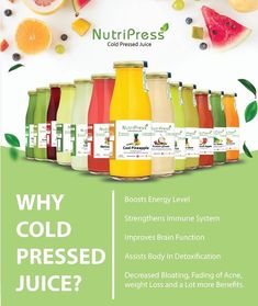 an advertisement for nutripress's cold pressed juice, featuring various fruits and vegetables